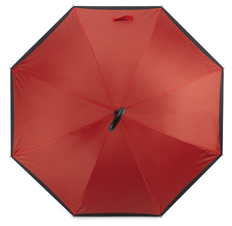 Parasol REVERS Rewolucyjny parasol REVERS wyróżnia się nie tylko kształtem ale też funkcjonalnością. Poprzez odwrócenie ruchu zamknięcia parasola woda, która osadziła się na czaszy pozostaje wewnątrz. Dzięki temu użytkownik oraz otoczenie pozostają suche. Dodatkowo parasol wyróżnia się charakterystyczną rączką, która jest bardzo przydatna w sytuacjach gdy trzeba wykonać czynność obiema rękoma. Dwustronna czasza wykonana z poliestru 190T.