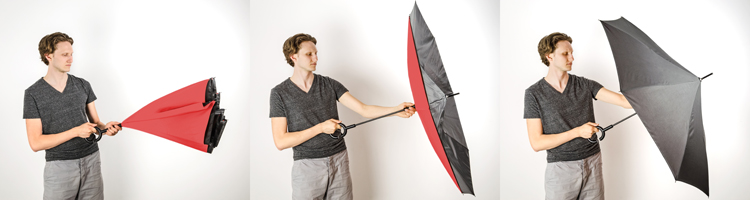 Parasol REVERS Rewolucyjny parasol REVERS wyróżnia się nie tylko kształtem ale też funkcjonalnością. Poprzez odwrócenie ruchu zamknięcia parasola woda, która osadziła się na czaszy pozostaje wewnątrz. Dzięki temu użytkownik oraz otoczenie pozostają suche. Dodatkowo parasol wyróżnia się charakterystyczną rączką, która jest bardzo przydatna w sytuacjach gdy trzeba wykonać czynność obiema rękoma. Dwustronna czasza wykonana z poliestru 190T.