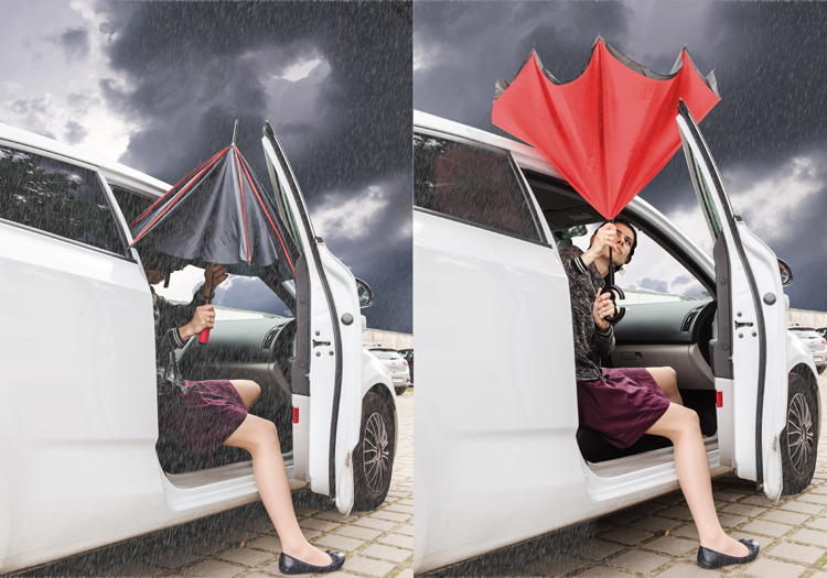 Parasol REVERS Rewolucyjny parasol REVERS wyróżnia się nie tylko kształtem ale też funkcjonalnością. Poprzez odwrócenie ruchu zamknięcia parasola woda, która osadziła się na czaszy pozostaje wewnątrz. Dzięki temu użytkownik oraz otoczenie pozostają suche. Dodatkowo parasol wyróżnia się charakterystyczną rączką, która jest bardzo przydatna w sytuacjach gdy trzeba wykonać czynność obiema rękoma. Dwustronna czasza wykonana z poliestru 190T.